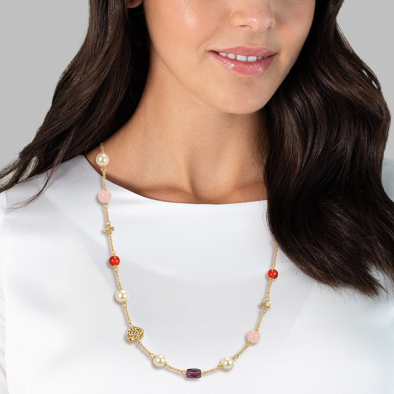 Kette gelbgold Perle (synth.) creme Glaskristall bunt
